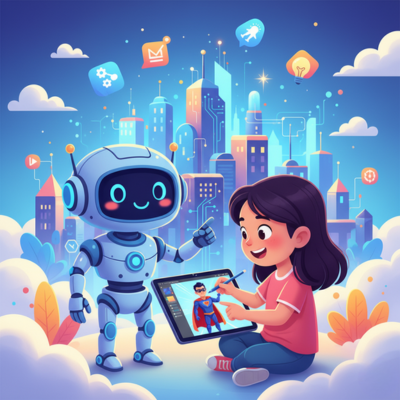 صورة خيالية تُظهر روبوتًا ودودًا يساعد طفلة على الرسم، رمزًا لمستقبل الابتكار الرقمي. البرمجة هي مفتاح صانعي التكنولوجيا الصغار لإطلاق العنان لخيالهم الإبداعي.
