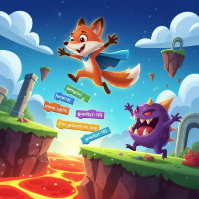 مشهد لعبة كرتونية: بطل يقفز فوق عقبة بفضل كتل البرمجة المرئية. تعلم برمجة حركات الألعاب المعقدة بسهولة.