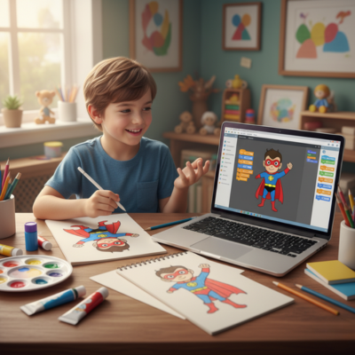 **طفل يرسم شخصية ويبرمجها على الشاشة. دمج الإبداع الفني مع البرمجة لتصميم شخصيات ألعاب فريدة ومتحركة.**