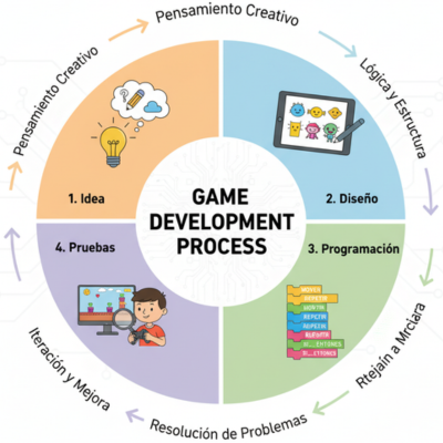 مخطط يوضح مراحل صنع لعبة بسيطة: فكرة، تصميم، برمجة، اختبار. تعزيز المنطق وحل المشكلات في تطوير الألعاب.