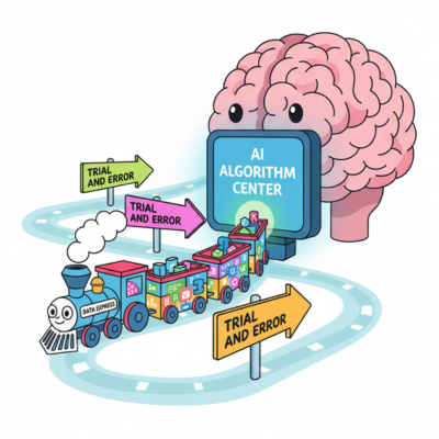 قطار رسومي ملون (يعبر عن البيانات) يسير على مسار داخل دماغ كمبيوتر ضخم وودود (يمثل خوارزمية التعلم الآلي). (الكلمات المفتاحية: كيف يعمل الذكاء الاصطناعي، البيانات، خوارزمية).