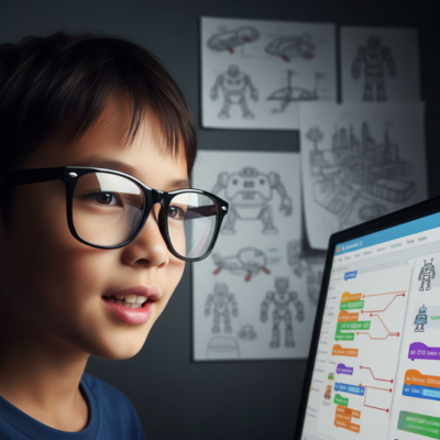 طفلة ترتدي نظارات كبيرة وتستخدم منصة برمجة (مثل سكراتش أو Teachable Machine) على شاشة حاسوب مشرقة، وخلفها رسومات لمشاريع روبوتات مستقبلية. (الكلمات المفتاحية: برمجة الذكاء الاصطناعي للأطفال، مستقبل الذكاء الاصطناعي، مبرمج صغير).