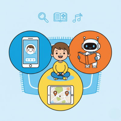 وصف تفاعلي ملون يظهر طفلاً يستكشف عالم الذكاء الاصطناعي مع روبوت صديق. مثالي لتعريف النشء الجديد على تقنيات المستقبل.


