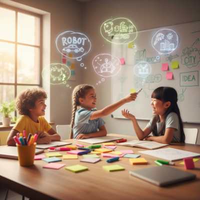 مجموعة من ثلاثة أطفال (أعمارهم بين 8-10 سنوات، متنوعي الأعراق) يجلسون حول طاولة مليئة بالأقلام الملونة وأوراق الملاحظات اللاصقة. يتبادلون الأفكار بحماس حول لوحة بيضاء عليها رسومات وكلمات. تظهر فوق رؤوسهم فقاعات كلامية مليئة بالرسومات والرموز الإبداعية. (الكلمات المفتاحية: العصف الذهني، الابتكار للأطفال، العمل الجماعي).