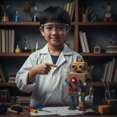طفل (حوالي 9 سنوات، آسيوي) يبتسم بفخر وهو يقف بجوار اختراع بسيط ولكنه مبتكر صنعه بنفسه (ربما روبوت صغير مصنوع من مواد معاد تدويرها أو آلة تحريك كرات). يرتدي معطف مختبر صغير ونظارات واقية. خلفه، رف مليء بالكتب والأدوات. (الكلمات المفتاحية: الابتكار، المشاريع العلمية للأطفال، الإبداع).