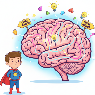 رسم توضيحي لطفل يرتدي زي بطل خارق كرتوني (ولكن ليس بشخصية معروفة) وهو يحاول حل متاهة معقدة تظهر كمسار داخل دماغ كبير ومشرق. يتدفق حول المتاهة أفكار ملونة ومصابيح مضيئة، مما يرمز إلى التفكير المنطقي والإبداعي لحل المشكلات. (الكلمات المفتاحية: حل الألغاز، التفكير المنطقي، تحديات الأطفال).