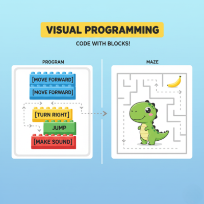 شرح تفاعلي لبرمجة سكراتش Scratch. صورة توضيحية لتعليم الأطفال البرمجة عبر مكعبات ملونة. طريقة مثالية لتنمية التفكير المنطقي والإبداع التقني.

