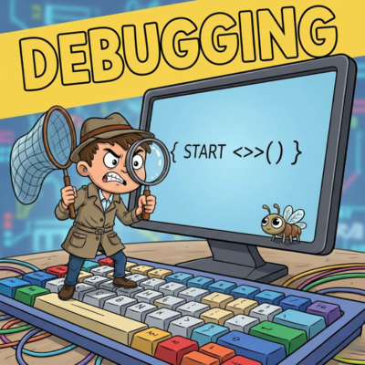 مغامرة تعليمية لتصحيح الأخطاء البرمجية. صورة كارتونية لطفل يطارد الأخطاء البرمجية. طريقة ممتعة لتعلم Debugging وتطوير مهارات حل المشكلات.

