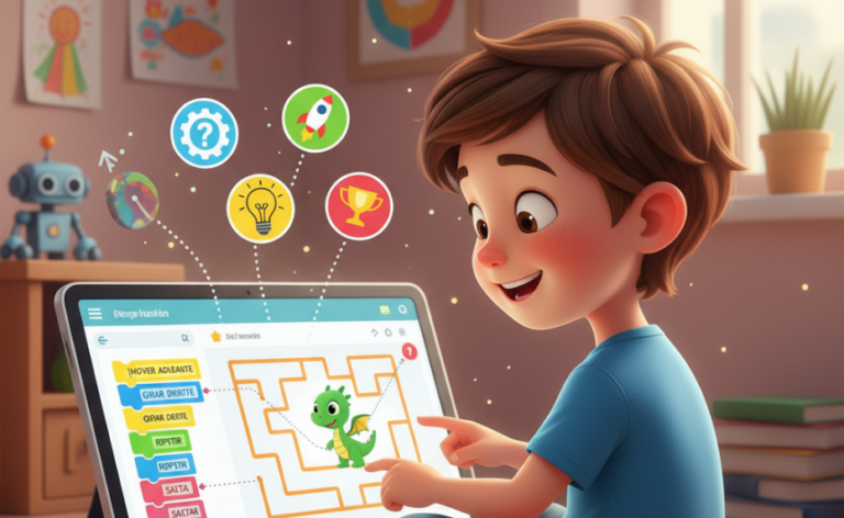 صورة خيالية تُظهر روبوتًا ودودًا يساعد طفلة على الرسم، رمزًا لمستقبل الابتكار الرقمي. البرمجة هي مفتاح صانعي التكنولوجيا الصغار لإطلاق العنان لخيالهم الإبداعي.