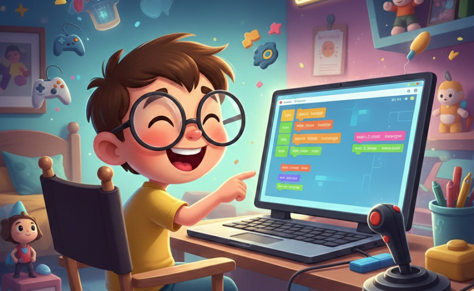 طفل مبتسم يصمم لعبة خارقة ببرمجة سكراتش على الكمبيوتر. تعلم الإبداع التقني وتحول لصانع ألعاب موهوب.