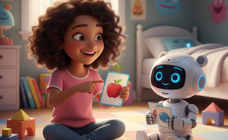 طفل يضحك يلعب مع روبوت صغير لطيف يشبه الحيوان الأليف، والروبوت يحمل كتابًا ومكعبات ملونة، في غرفة أطفال مشرقة. (الكلمات المفتاحية: الذكاء الاصطناعي للأطفال، روبوت صديق، تعلم الآلة للأطفال).