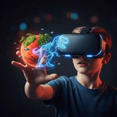 صورة مقربة ومثيرة لمراهق (أو طفل أكبر) يرتدي نظارة واقع افتراضي (VR) حديثة. يمد يده بذهول نحو الأمام، حيث تظهر صورة هولوغرافية ملونة ومشرقة (ربما رسم ثلاثي الأبعاد لكوكب المريخ أو ديناصور) وكأنها في متناول يده. الخلفية مظلمة لتسليط الضوء على الإضاءة الساطعة للواقع الافتراضي.