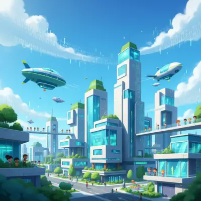 مدينة مستقبلية ذكية تحتوي على سيارات طائرة وثلاجة مبتسمة, تمثل دور البرمجة في تطوير تطوير وتقنيات المستقبل. الوصف الممتد: مشهد خيالي يربط بين البرمجة والواقع، يظهر كيف تحول الأكواد الأجهزة المنزلية والسيارات إلى أدوات ذكية تجعل الحياة أسهل وأكثر إثارة.