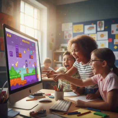 مجموعة متنوعة من ثلاثة أطفال (فتاتان وفتى، من أعراق مختلفة) يضحكون ويحتفلون حول شاشة كمبيوتر كبيرة تعرض لعبة منصات منتهية وملونة للغاية تم إنشاؤها في سكراتش. أحد الأطفال يصافح الآخر بحماس، بينما يشير الثالث إلى تفصيل على الشاشة بحماس. يجب أن ينقل المشهد التعاون والفرح والفخر بمشاركة إبداع.