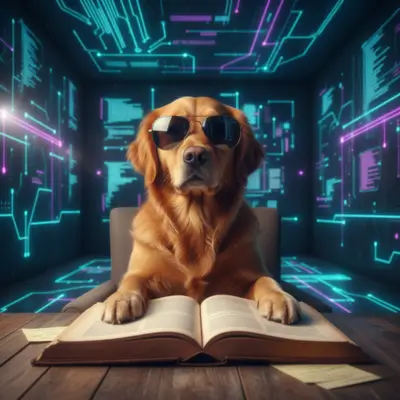 "صورة مضحكة لكلب يرتدي نظارات ويقرأ كتاباً، تُستخدم لتوضيح الفرق بين الرؤية الحرفية للذكاء الاصطناعي وبين فهم الإنسان للمواقف الفكاهية."