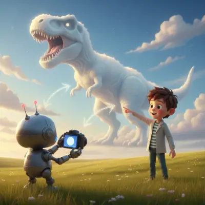 "مقارنة بصرية تظهر طفلاً يستخدم خياله لرؤية ديناصور في السحب مقابل روبوت يحلل البيانات، تشرح مفهوم الخيال البشري في مقابل البرمجة."