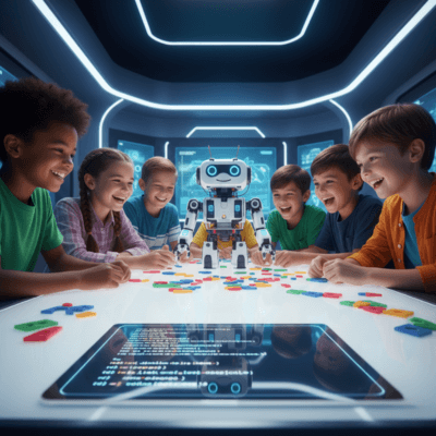 مجموعة متنوعة من الأطفال (بنين وبنات) يجلسون حول طاولة مضيئة في غرفة تبدو مستقبلية. يضحكون بحماس وهم يتعاونون في بناء روبوت ودي ومبتكر باستخدام قطع ملونة. على شاشة جهاز لوحي في المقدمة تظهر أكواد برمجية بلغة بايثون بشكل واضح ومبسط. التركيز على العمل الجماعي والإبداع التكنولوجي.