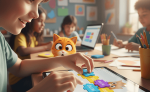 مجموعة متنوعة من ثلاثة أطفال (فتاتان وفتى، من أعراق مختلفة) يضحكون ويحتفلون حول شاشة كمبيوتر كبيرة تعرض لعبة منصات منتهية وملونة للغاية تم إنشاؤها في سكراتش. أحد الأطفال يصافح الآخر بحماس، بينما يشير الثالث إلى تفصيل على الشاشة بحماس. يجب أن ينقل المشهد التعاون والفرح والفخر بمشاركة إبداع.