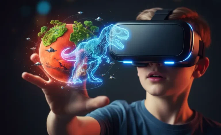 صورة مقربة ومثيرة لمراهق (أو طفل أكبر) يرتدي نظارة واقع افتراضي (VR) حديثة. يمد يده بذهول نحو الأمام، حيث تظهر صورة هولوغرافية ملونة ومشرقة (ربما رسم ثلاثي الأبعاد لكوكب المريخ أو ديناصور) وكأنها في متناول يده. الخلفية مظلمة لتسليط الضوء على الإضاءة الساطعة للواقع الافتراضي.