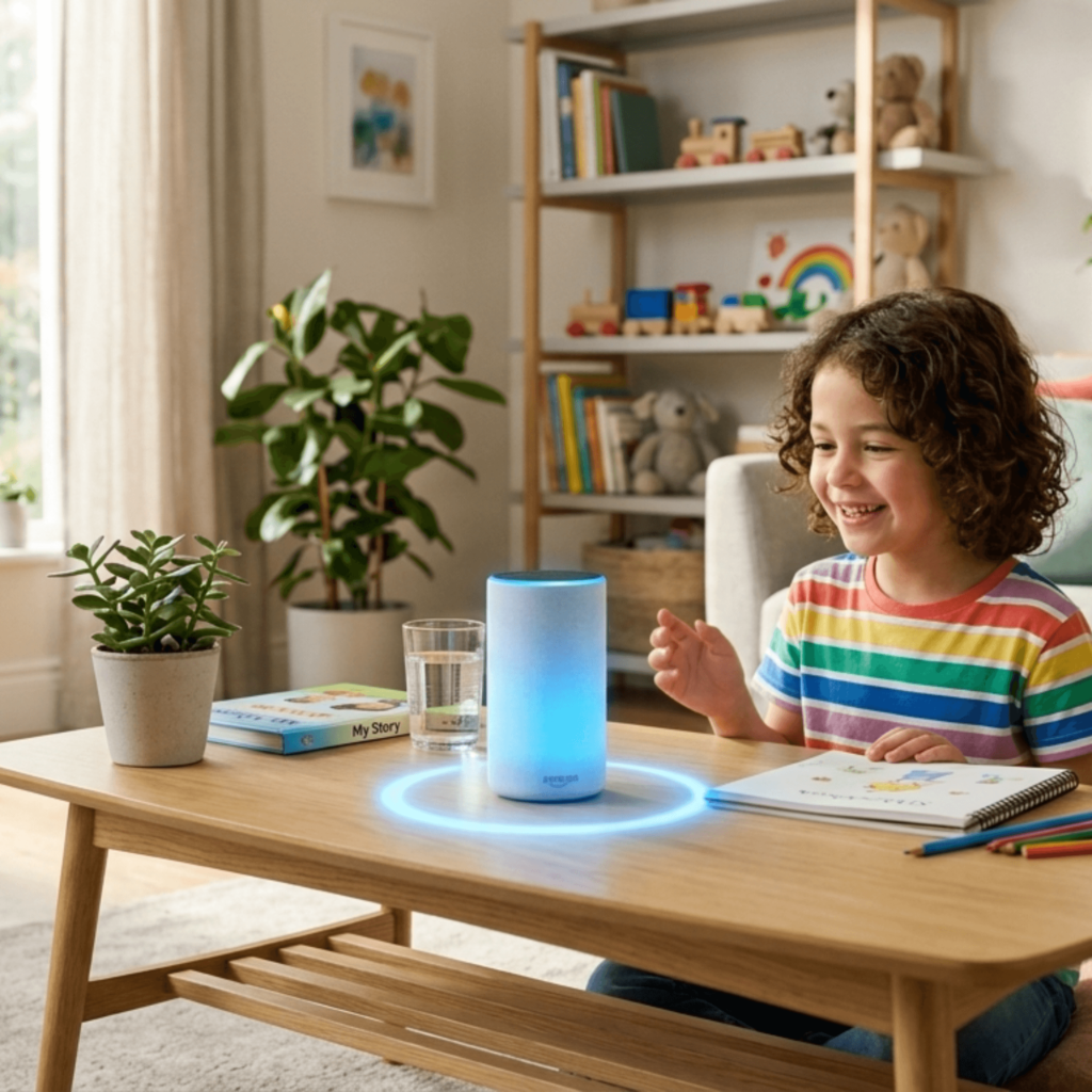 كيف تتحدث مع الأجهزة الذكية؟ صورة لطفل يستخدم مساعداً صوتياً، تشرح للأطفال دور الذكاء الاصطناعي في المساعدات الصوتية اليومية."