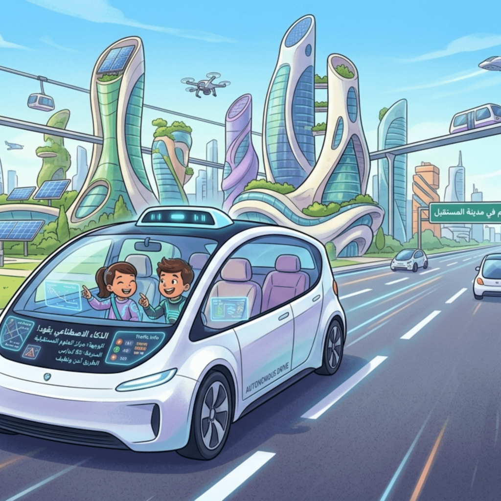 هل تقود السيارة نفسها؟ صورة لسيارة ذاتية القيادة، توضح للأطفال كيف يستخدم الذكاء الاصطناعي لقيادة السيارات بأمان في المستقبل."