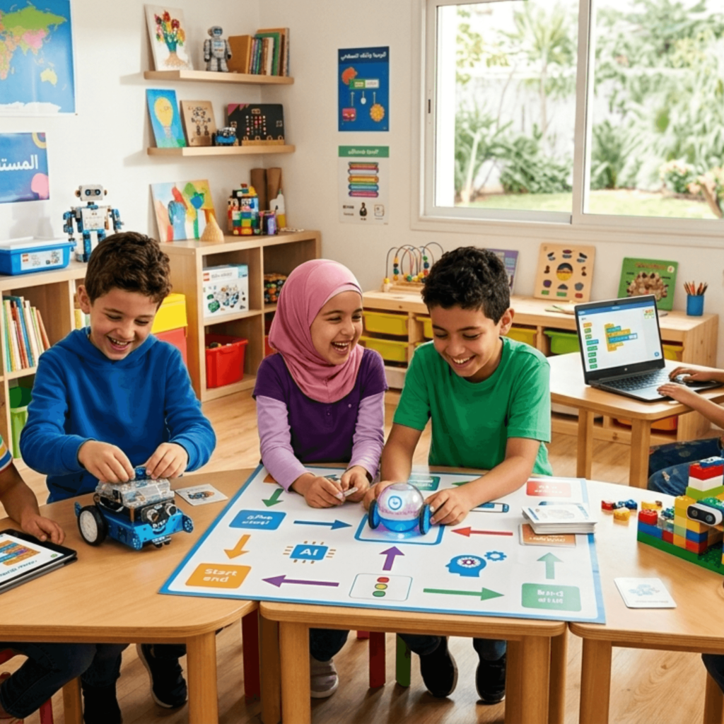 "الذكاء الاصطناعي في كل مكان! صورة لأطفال يلعبون بألعاب روبوتية تعليمية، تظهر كيف يمكن للذكاء الاصطناعي أن يجعل التعلم ممتعاً ومفيداً للأطفال."




