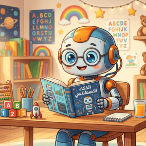 "اكتشف كيف يفكر الروبوت الصغير! صورة لروبوت يقرأ كتاباً عن الذكاء الاصطناعي، مقدمة ممتعة للأطفال عن عالم الآلات الذكية."