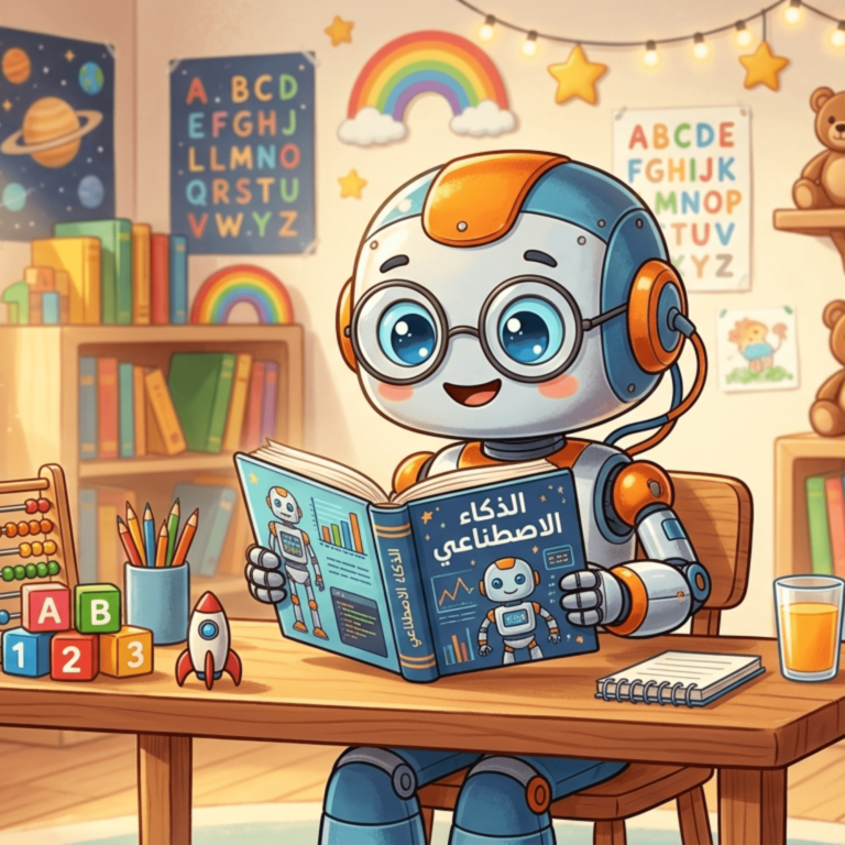 "اكتشف كيف يفكر الروبوت الصغير! صورة لروبوت يقرأ كتاباً عن الذكاء الاصطناعي، مقدمة ممتعة للأطفال عن عالم الآلات الذكية."