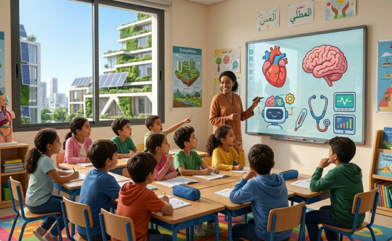 أطفال يتعلمون بطريقة ممتعة كيف يرتبط الذكاء الاصطناعي بالطب وصحة الإنسان في المستقبل.