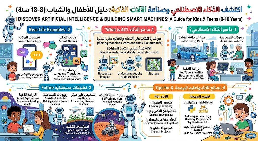 اكتشف الأطفال الذكاء الاصطناعي وصناعة الآلات الذكية شرح مبسط للأطفال 8-18 سنة أمثلة واقعية تطبيقات مستقبلية نصائح للآباء تعليم البرمجة