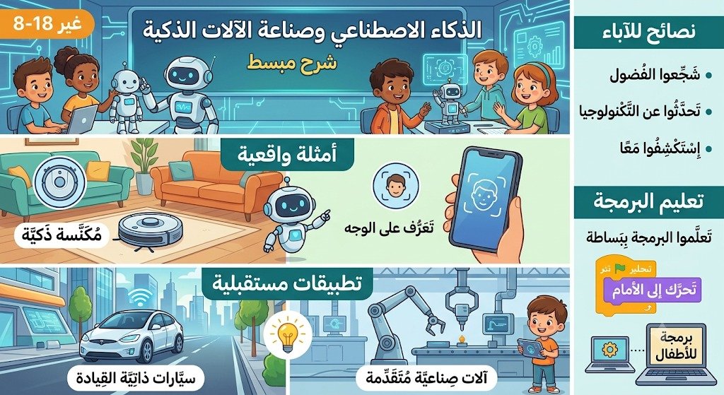 اكتشف الأطفال الذكاء الاصطناعي وصناعة الآلات الذكية شرح مبسط للأطفال 8-18 سنة أمثلة واقعية تطبيقات مستقبلية نصائح للآباء تعليم البرمجة